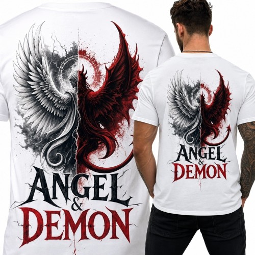 Koszulka męska z aniołem i demonem „Angel &amp; Demon” - gotycki nadruk na plecach