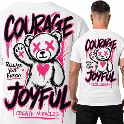 Koszulka męska z misiem graffiti „Courage / Joyful” - nadruk na plecach