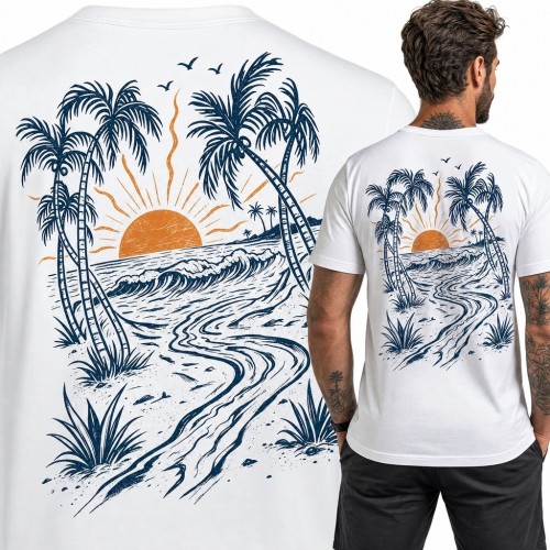 Koszulka męska z tropikalną plażą, palmami i falami - surferski backprint