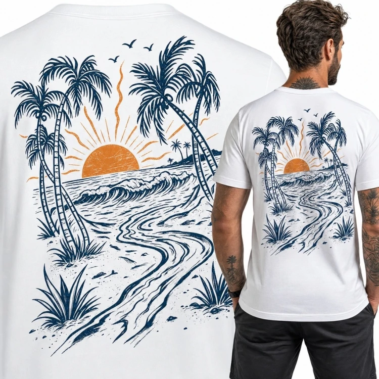 Koszulka męska z tropikalną plażą, palmami i falami - surferski backprint