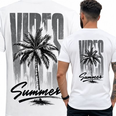Koszulka męska z palmą i napisami „Vibes” i „Summer” - duży nadruk na plecach