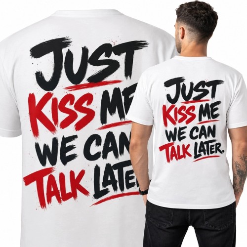 Koszulka męska z nadrukiem na plecach „Just Kiss Me” - flirtujący streetwear