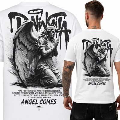 Koszulka męska z modlącą się anielicą „Angel Comes” - mroczny nadruk na plecach