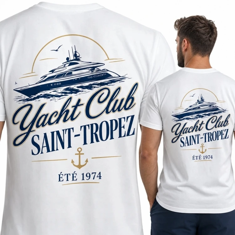 Koszulka męska z jachtem „Yacht Club Saint-Tropez” - nadruk na plecach