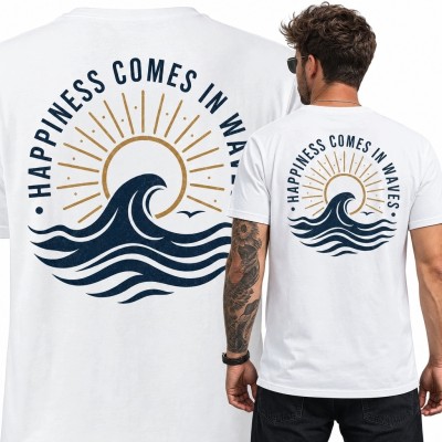 Koszulka męska z falą i słońcem „Happiness Comes in Waves” - nadruk na plecach
