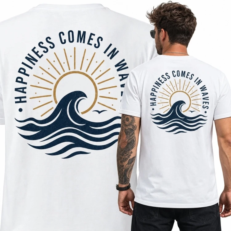 Koszulka męska z falą i słońcem „Happiness Comes in Waves” - nadruk na plecach