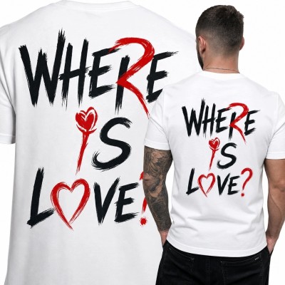 Koszulka męska „Where Is Love?” z sercami - nadruk na plecach