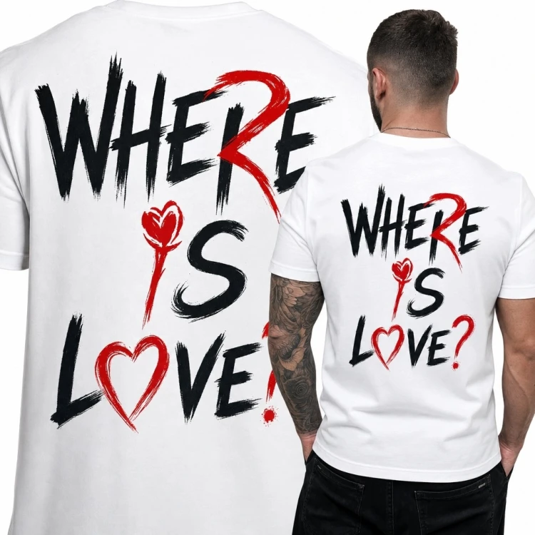 Koszulka męska „Where Is Love?” z sercami - nadruk na plecach