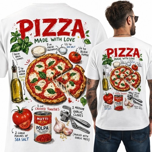 Koszulka męska z pizzą margherita i napisem „Pizza” - duży nadruk na plecach