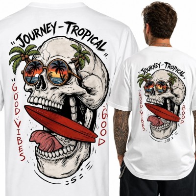 Koszulka męska z czaszką i deską surfingową „Journey-Tropical” - nadruk na plecach