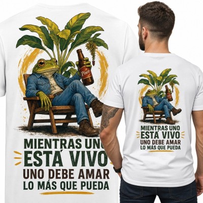 Koszulka męska z żabą i piwem „Mientras uno está vivo uno debe amar lo más que pueda”