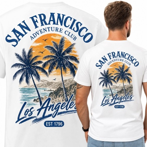 Koszulka męska z kalifornijskim nadrukiem „San Francisco” - palmy i zachód słońca