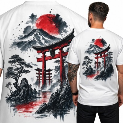 Koszulka męska z japońskim pejzażem - torii, Fuji i czerwone słońce