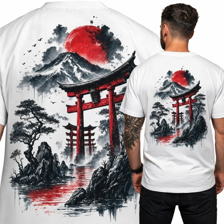 Koszulka męska z japońskim pejzażem - torii, Fuji i czerwone słońce