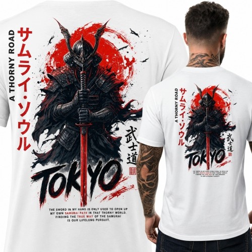 Koszulka męska z opancerzonym samurajem z kataną i napisem „Tokyo” - nadruk na plecach