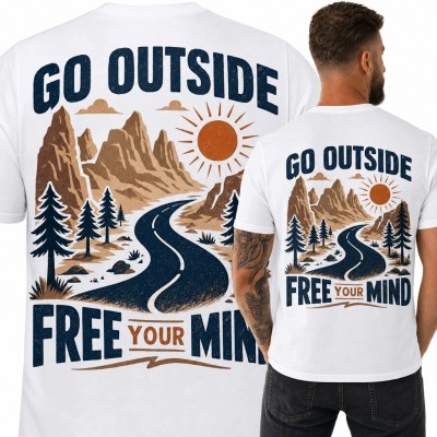 Koszulka męska z górską trasą i napisem „Go Outside” - nadruk na plecach