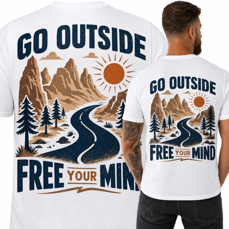 Koszulka męska z górską trasą i napisem „Go Outside” - nadruk na plecach