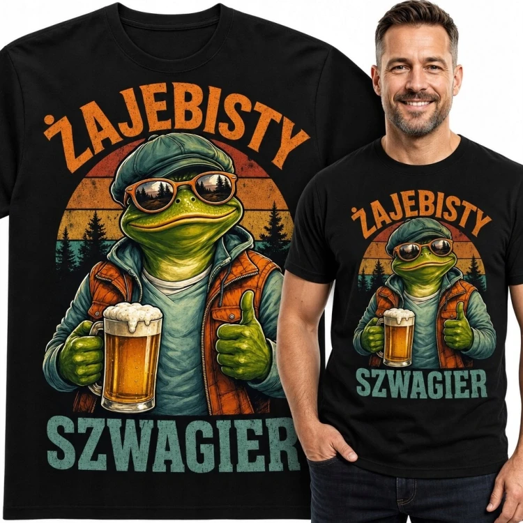 Koszulka męska dla szwagra „Żajebisty szwagier” - żaba z kuflem piwa