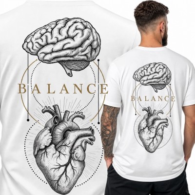 Koszulka męska z sercem i mózgiem „Balance” - nadruk na plecach