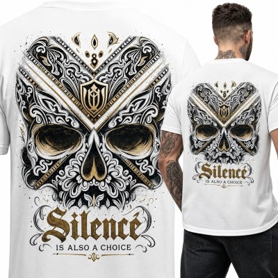 Koszulka męska z ornamentalną czaszką „Silence Is Also a Choice” - duży nadruk na plecach