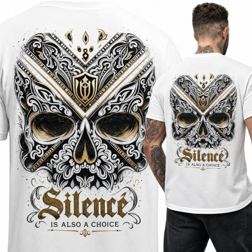 Koszulka męska z ornamentalną czaszką „Silence Is Also a Choice” - duży nadruk na plecach