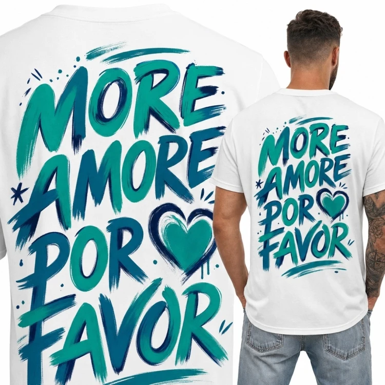 Koszulka męska „More Amore Por Favor” - duży nadruk z sercem na plecach