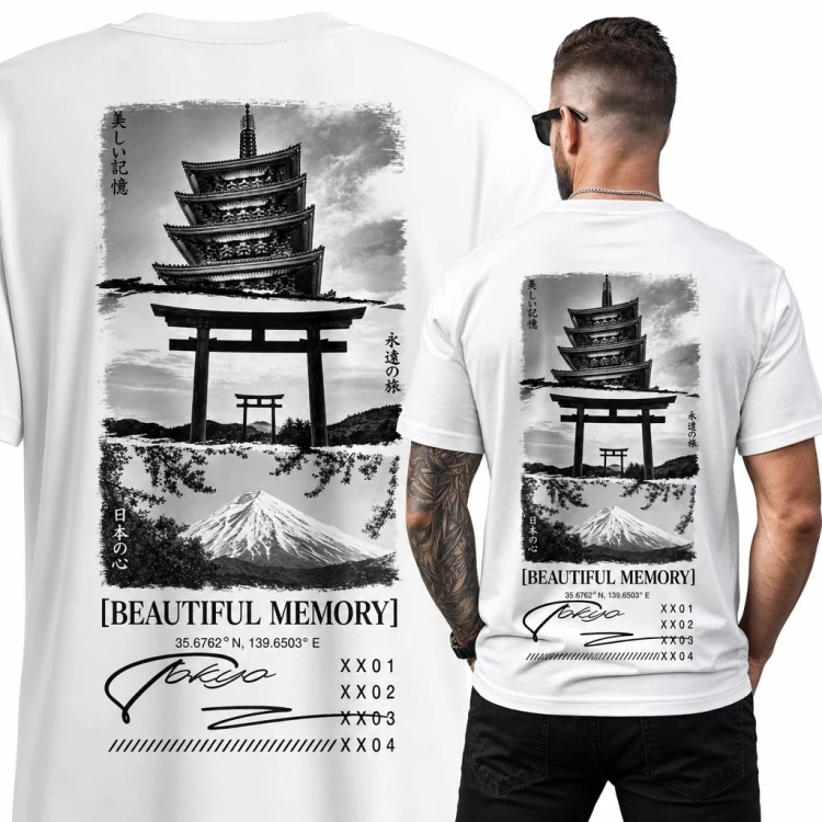Koszulka męska z japońskim nadrukiem na plecach „Beautiful Memory”