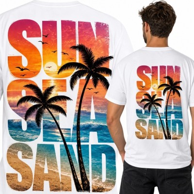 Koszulka męska z nadrukiem na plecach „Sun Sea Sand” - plaża, palmy i zachód słońca