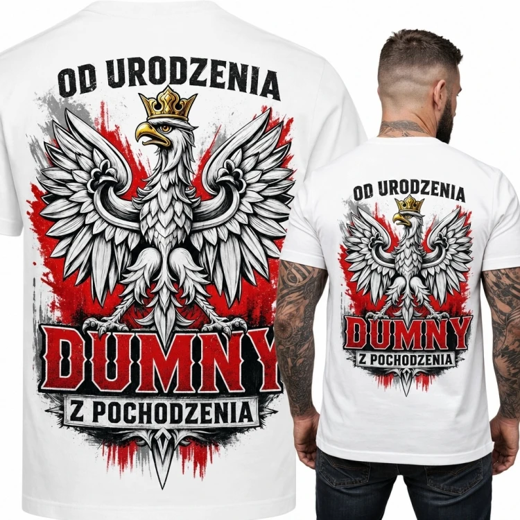 Koszulka męska patriotyczna z orłem „Od urodzenia dumny z pochodzenia” - duży nadruk na plecach