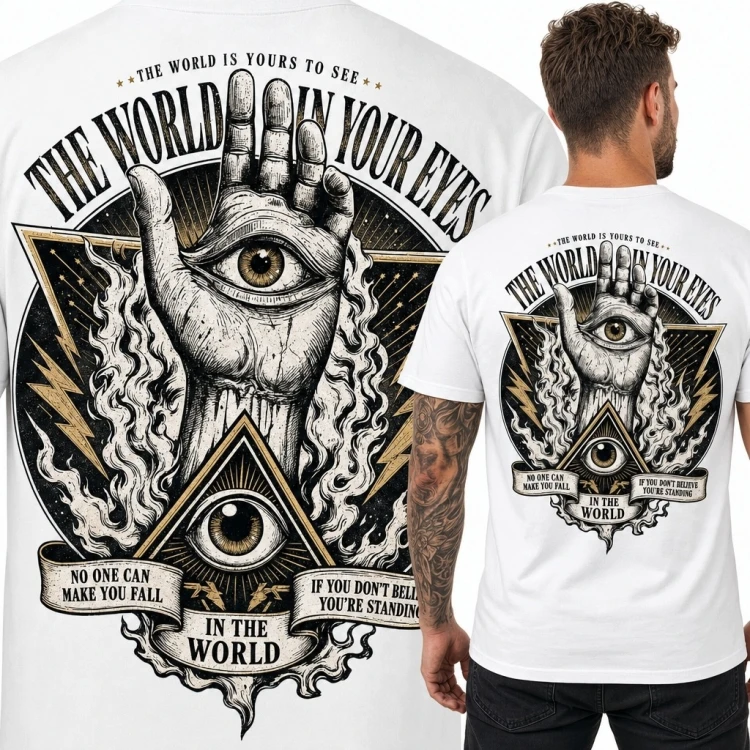 Koszulka męska z mistycznym okiem „The World Is Yours to See” - nadruk na plecach