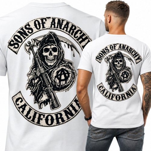 Koszulka męska z czaszką i napisem „Sons of Anarchy” - nadruk na plecach