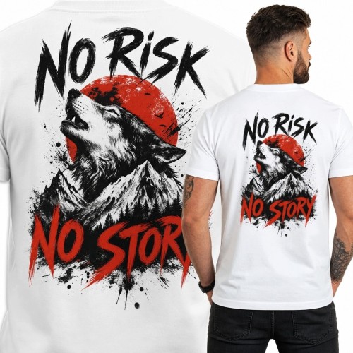 Koszulka męska z wilkiem i górami „No Risk No Story” - nadruk na plecach