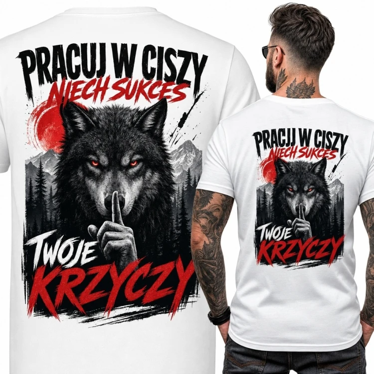 Koszulka męska z wilkiem „Pracuj w ciszy, niech sukces twoje krzyczy” - duży nadruk na plecach