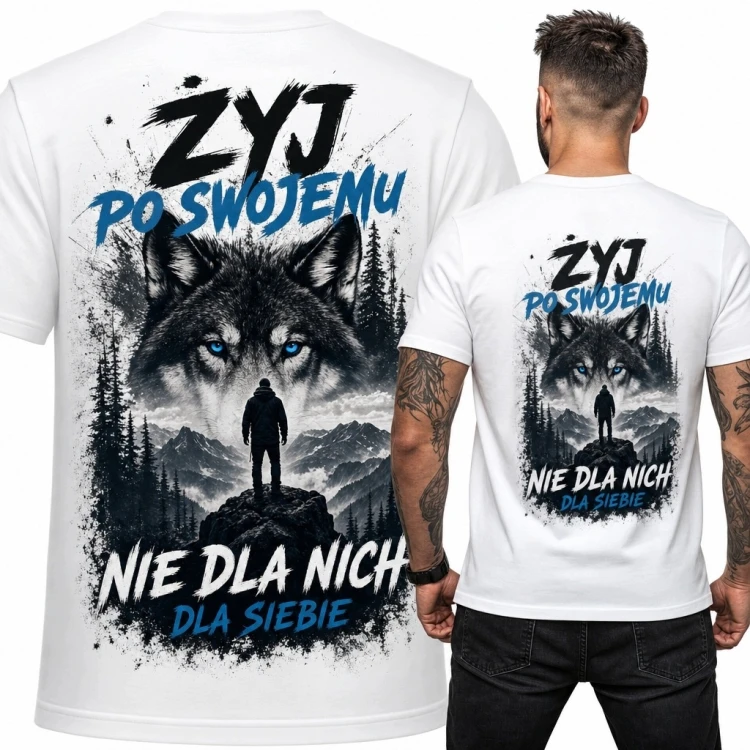 Koszulka męska z wilkiem „Żyj po swojemu” - górski nadruk na plecach