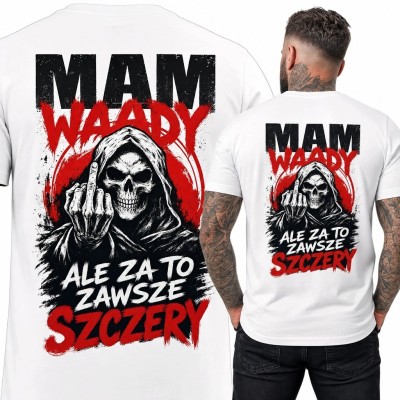 Koszulka męska z czaszką „Mam wady ale za to zawsze szczery” - nadruk na plecach