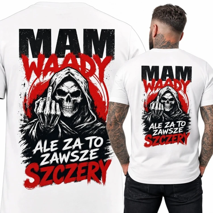 Koszulka męska z czaszką „Mam wady ale za to zawsze szczery” - nadruk na plecach