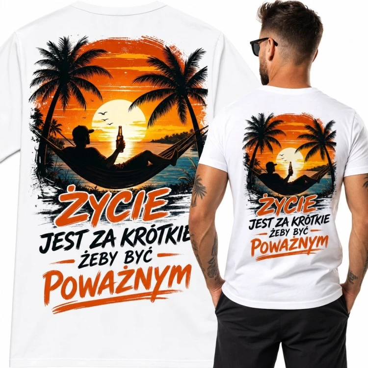 Koszulka męska „Życie jest za krótkie żeby być poważnym” - tropikalny nadruk na plecach