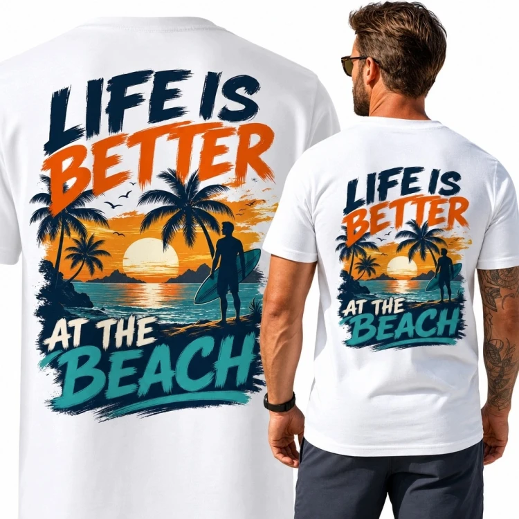Koszulka męska z surferem „Life Is Better at the Beach” - nadruk na plecach