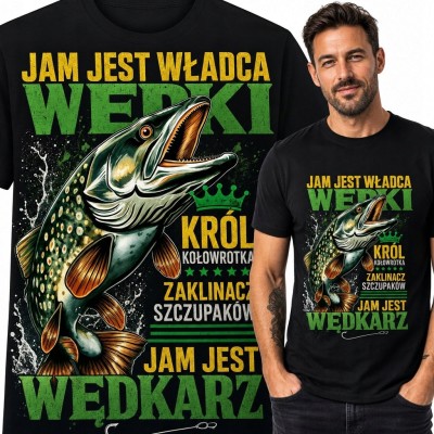 Koszulka męska dla wędkarza ze szczupakiem „Jam jest władca wędki”