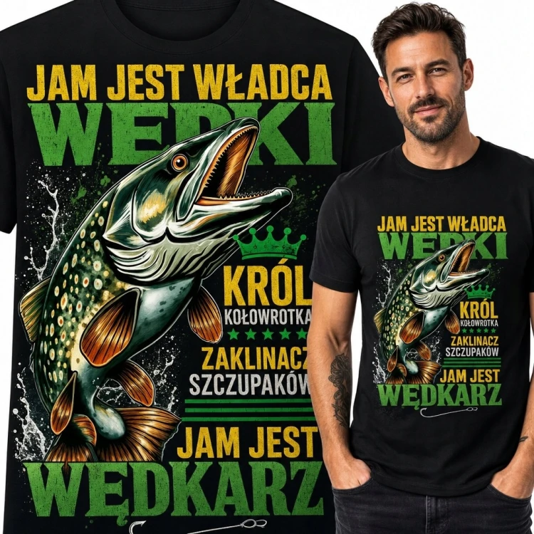 Koszulka męska dla wędkarza ze szczupakiem „Jam jest władca wędki”