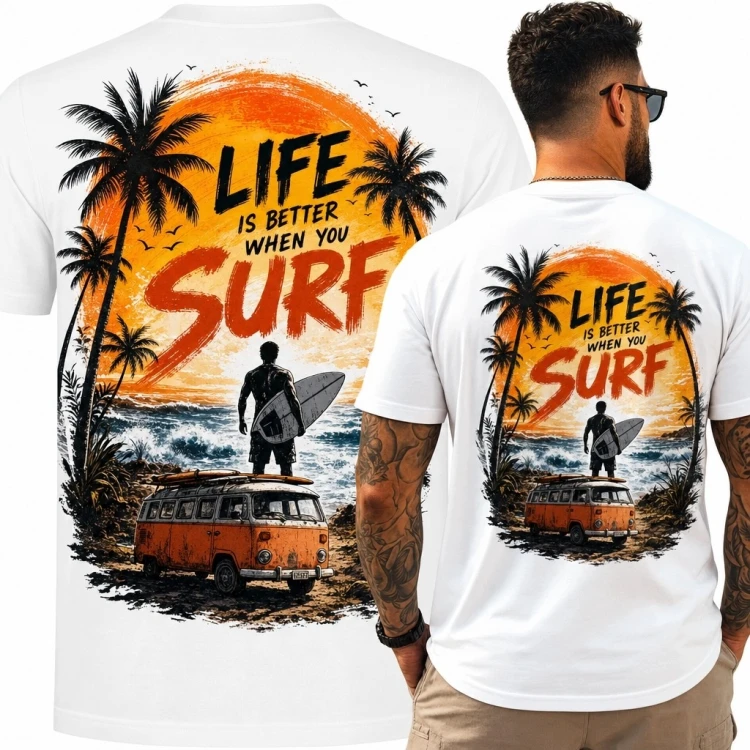 Koszulka męska dla surfera „Life is better when you surf” - retro nadruk na plecach