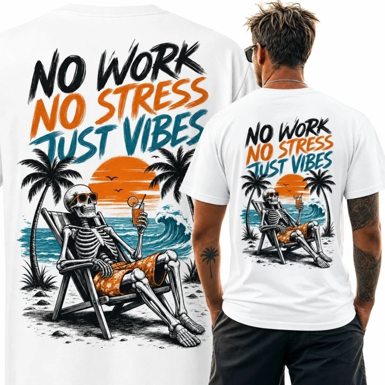 Koszulka męska ze szkieletem na plaży „No Work No Stress Just Vibes” - wakacyjny nadruk