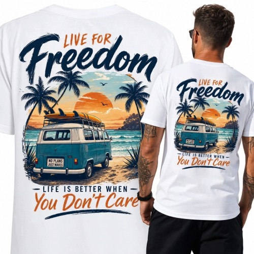 Koszulka męska z kamperem i deskami surfingowymi „Live for Freedom” - motyw retro