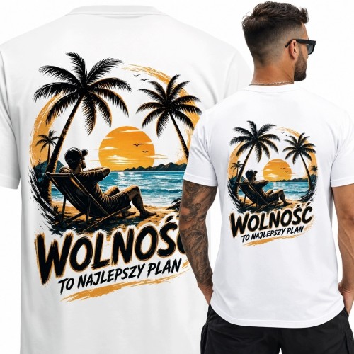 Koszulka męska z plażowym nadrukiem „Wolność to najlepszy plan”