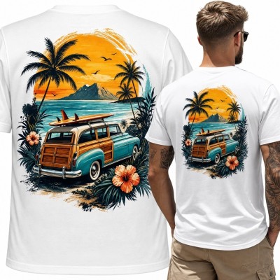 Koszulka męska z retro kombi i deskami surfingowymi - duży nadruk na plecach