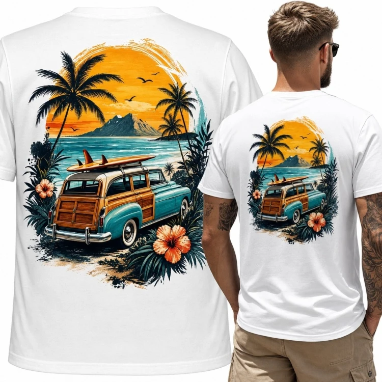 Koszulka męska z retro kombi i deskami surfingowymi - duży nadruk na plecach
