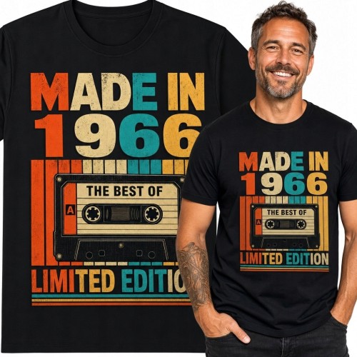 Koszulka męska na 60 urodziny „Made in 1966” - kaseta magnetofonowa retro