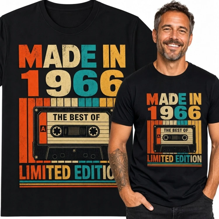 Koszulka męska na 60 urodziny „Made in 1966” - kaseta magnetofonowa retro