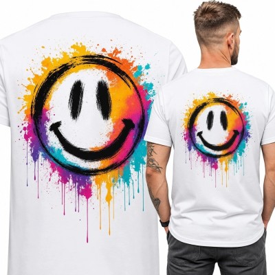Koszulka męska ze smileyem graffiti - neonowy nadruk na plecach