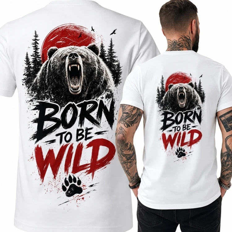 Koszulka męska z niedźwiedziem „Born to Be Wild” - duży nadruk na plecach